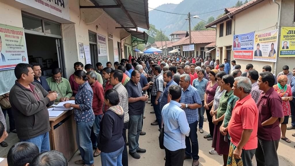 A photograph of a long line of people waiting to cast their votes in a polling station in Kathmandu, with a mixture of young and old citizens, and a few campaign posters in the background.