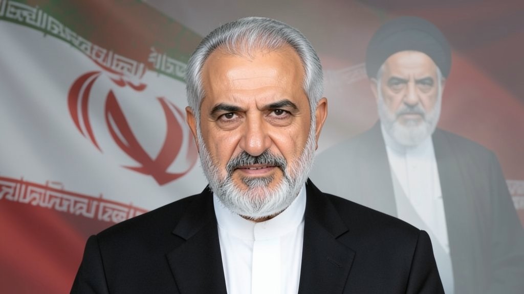 a photo of Mojtaba Khamenei with a subtle background image of the Iranian flag and a faint image of Ayatollah Ali Khamenei in the distance