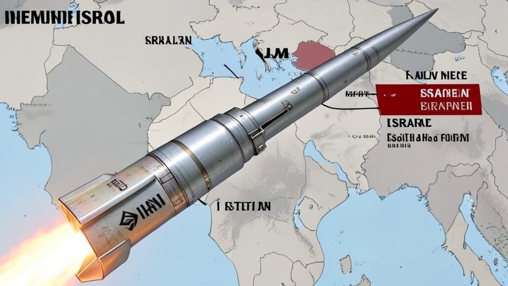 A detailed illustration of a missile launch with a subtle background of a map showing the Middle East region, highlighting the areas of conflict between Israel and Iran.