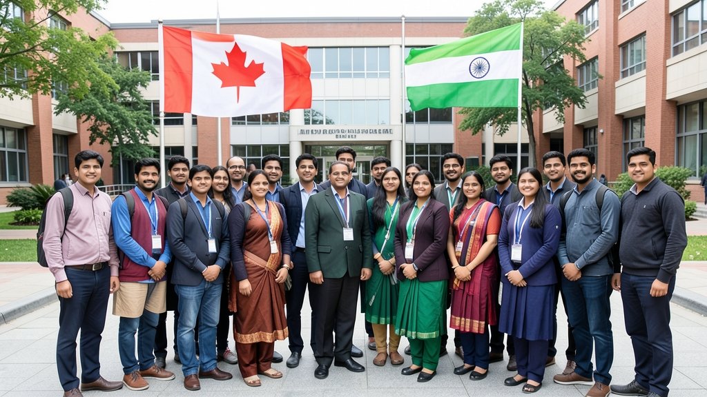 A photo of a group of Indian students in a Canadian university campus, with a Canadian flag and an Indian flag in the background, symbolizing the educational cooperation between the two countries.