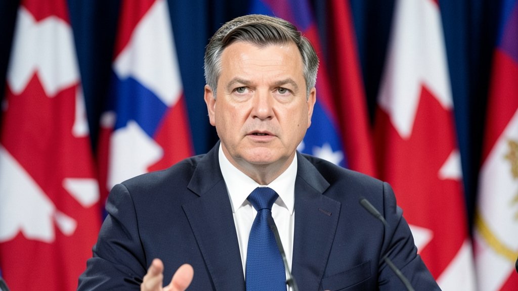 A photo of Canadian Prime Minister Mark Carney speaking at a press conference, with a serious expression, and a background of Canadian and international flags.