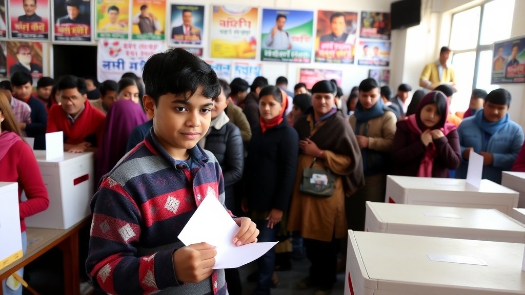 A photograph of a young Nepalese voter casting their ballot in a crowded polling station, with a backdrop of vibrant campaign posters and enthusiastic onlookers.