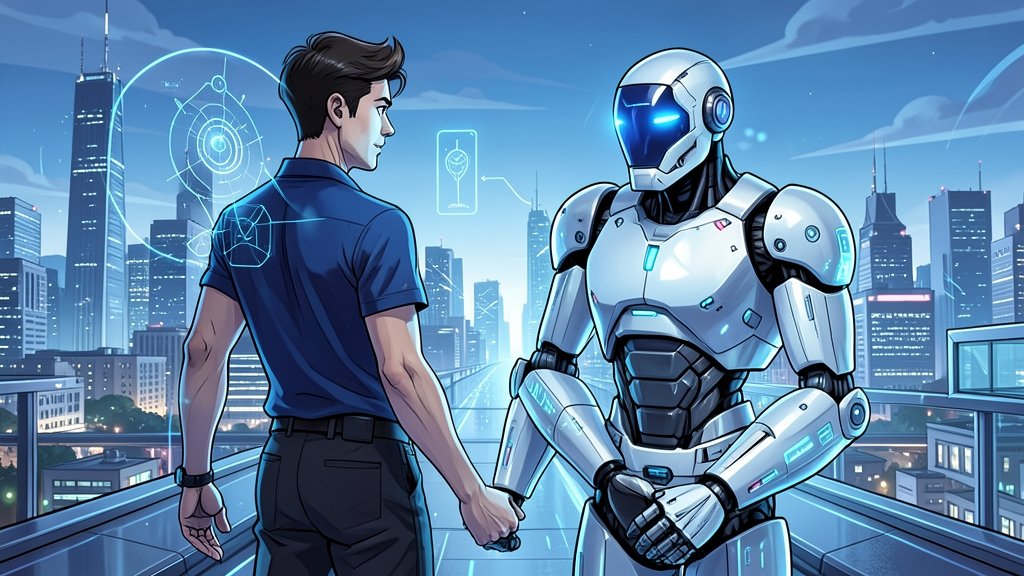 A futuristic illustration of a human and a robot working together, with a cityscape in the background, highlighting the collaboration between humans and AI in the modern world