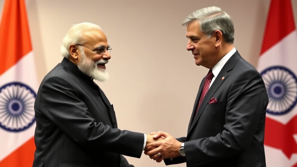 A photo of Prime Minister Narendra Modi and Mark Carney shaking hands or meeting, with a subtle background hinting at the India-Canada diplomatic relationship