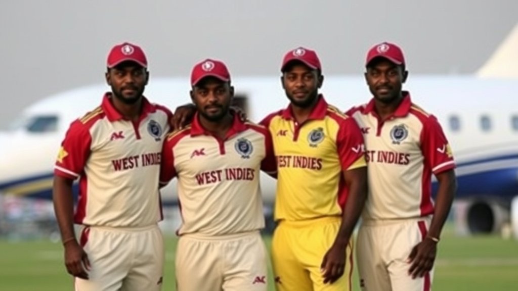 A photo of the West Indies cricket team standing together with their coach, with a subtle background of a charter flight or an airport, conveying a sense of uncertainty and longing to return home.