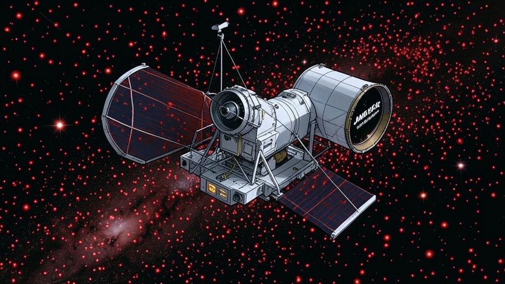 An illustration of the James Webb Space Telescope in space, with a background of red dots representing the mysterious first stars in the universe