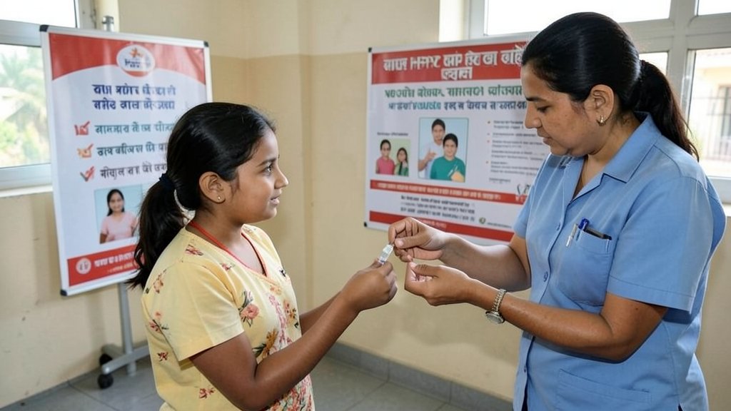 A photo of a young girl receiving the HPV vaccine at a hospital in Gujarat, with a healthcare worker and a poster about the vaccination campaign in the background