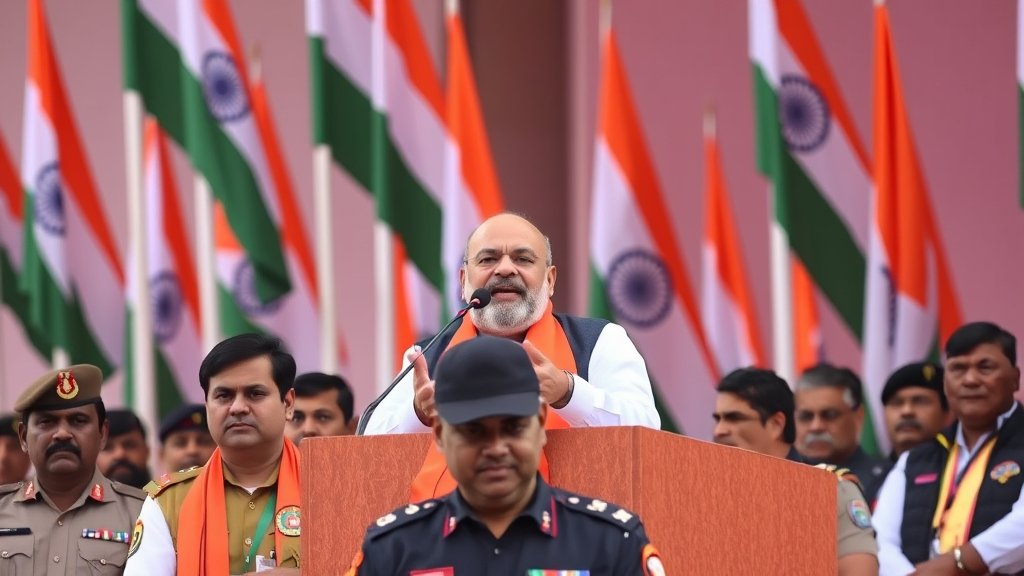 A photograph of Amit Shah speaking at a public event with a backdrop of Indian flags and security personnel in the foreground