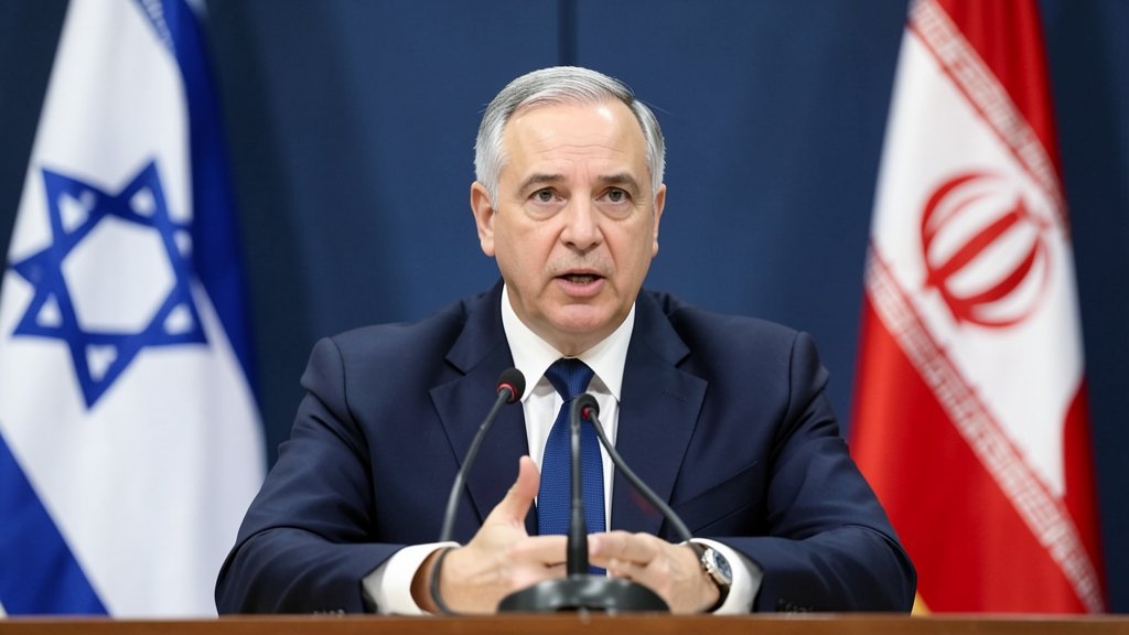 A photo of Israeli Prime Minister Netanyahu speaking at a press conference, with a backdrop of the Israeli and Iranian flags
