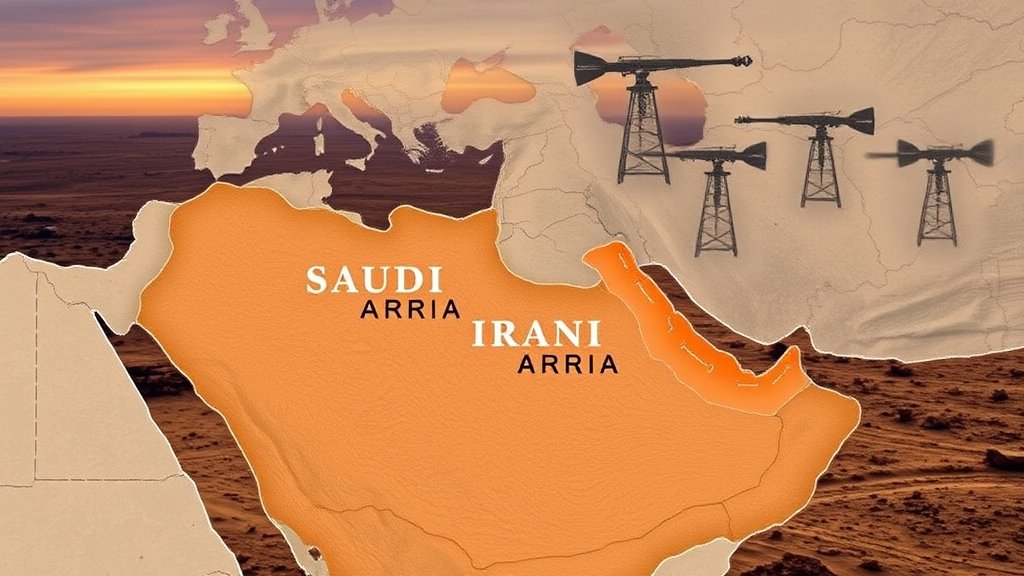 A map of the Middle East with Saudi Arabia and Iran highlighted, with a background of oil fields and military equipment