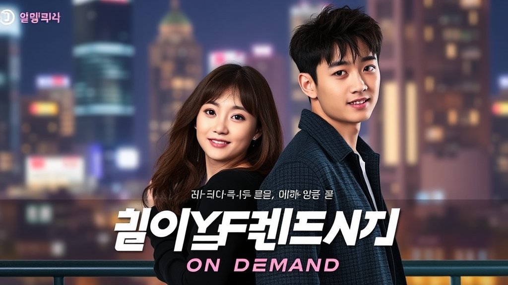 A poster of the K-Drama "Boyfriend On Demand" with Jisoo and Seo In-guk in the lead roles, with a blurred background of a cityscape at night.