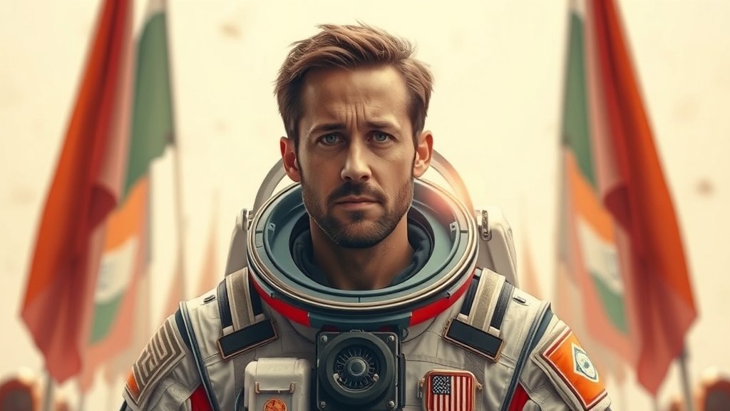 A poster of Ryan Gosling in his spacesuit from the movie Project Hail Mary, with a subtle background of Indian flags or Bollywood movie elements to hint at the Indian release