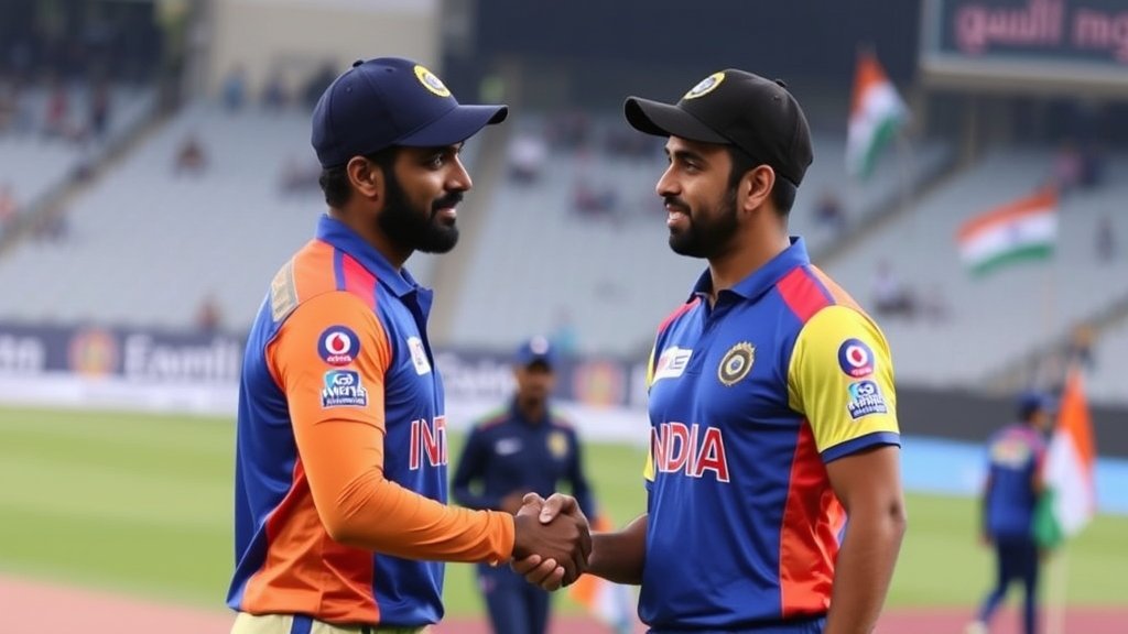 A photo of Sanju Samson and Gautam Gambhir shaking hands or standing together in a cricket stadium, with a subtle background of a cricket field and a hint of the Indian flag.