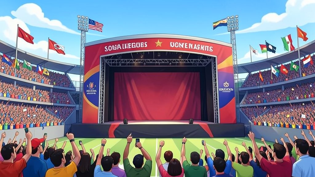 A vibrant illustration of a cricket stadium with a grand stage for the closing ceremony, featuring flags of different countries and a crowd of excited fans in the background.
