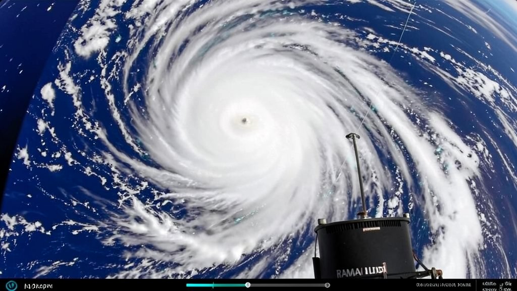 A satellite image of a tropical cyclone with rainbands and clouds, with a Raman lidar system in the foreground, observing the cloud and precipitation structures.