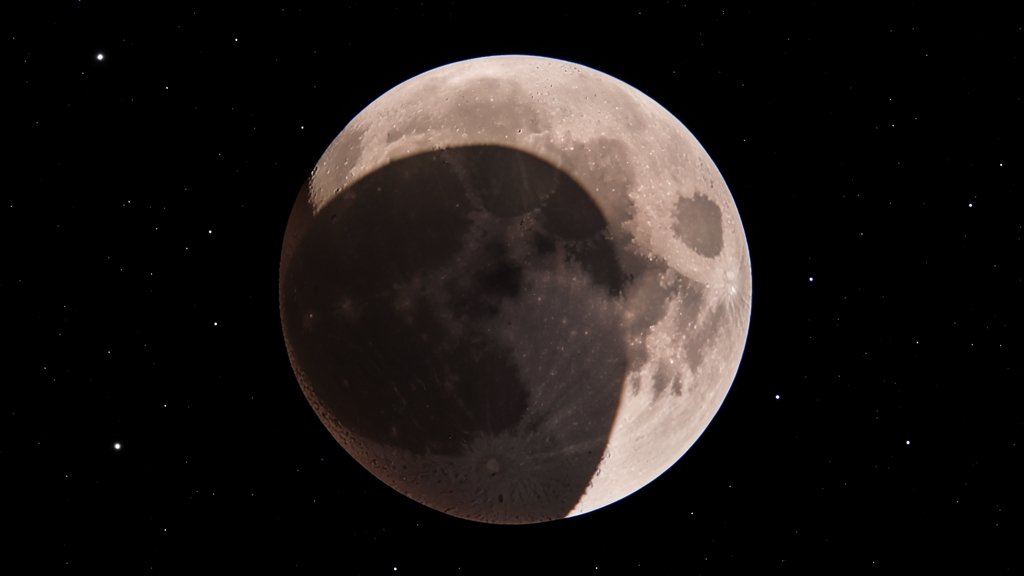 A high-resolution image of the Blood Moon during a lunar eclipse, with the Earth's shadow visible on the lunar surface, and a few stars in the background.