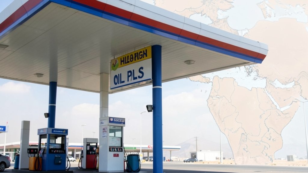 A photo of a gas station with a sign showing high oil prices, with a subtle background image of a map of the Middle East.