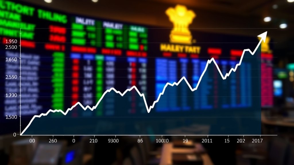 A graph showing the fluctuations in the Indian stock market with a background image of a stock exchange floor