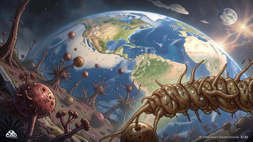 An illustration of a primordial Earth with ancient microorganisms and a 3.2-billion-year-old enzyme in the foreground.
