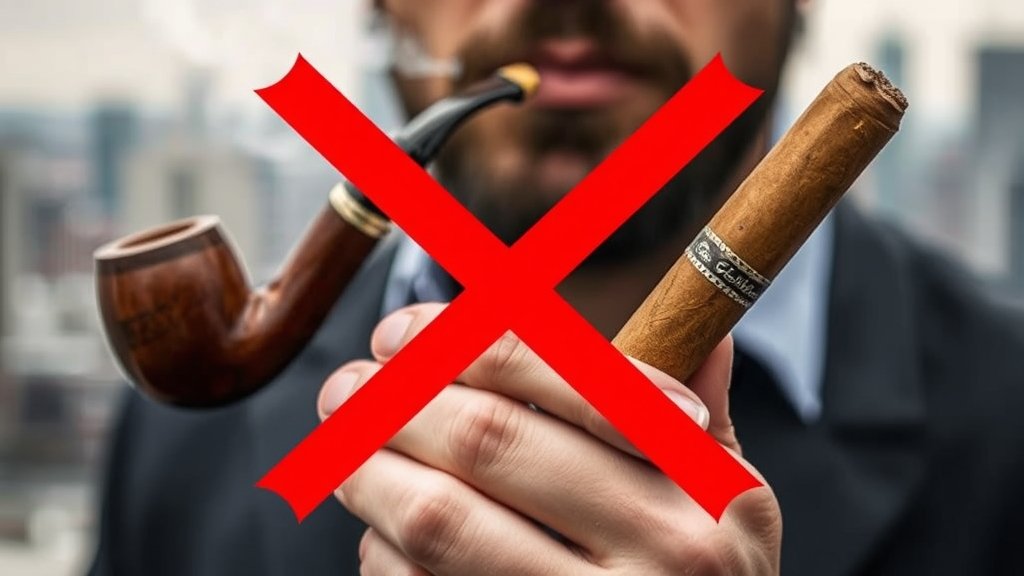 A picture of a person holding a pipe and a cigar, with a blurred background of a cityscape and a red X marked through the tobacco products.