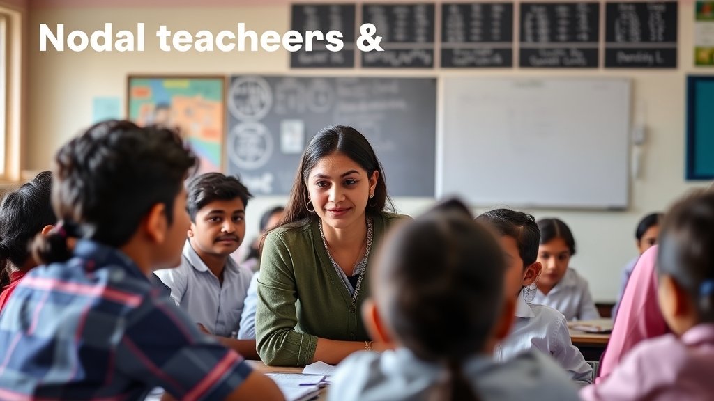 A photograph of a teacher interacting with students in a classroom, with a subtle background of a Gujarat school, conveying the concept of nodal teachers and parent-teacher meetings.