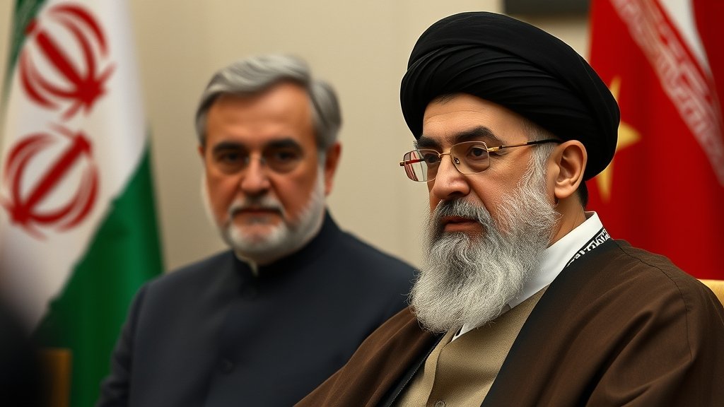 A photo of Mojtaba Khamenei with his father Ayatollah Khamenei in the background, with a subtle hint of Iranian flags and political symbols