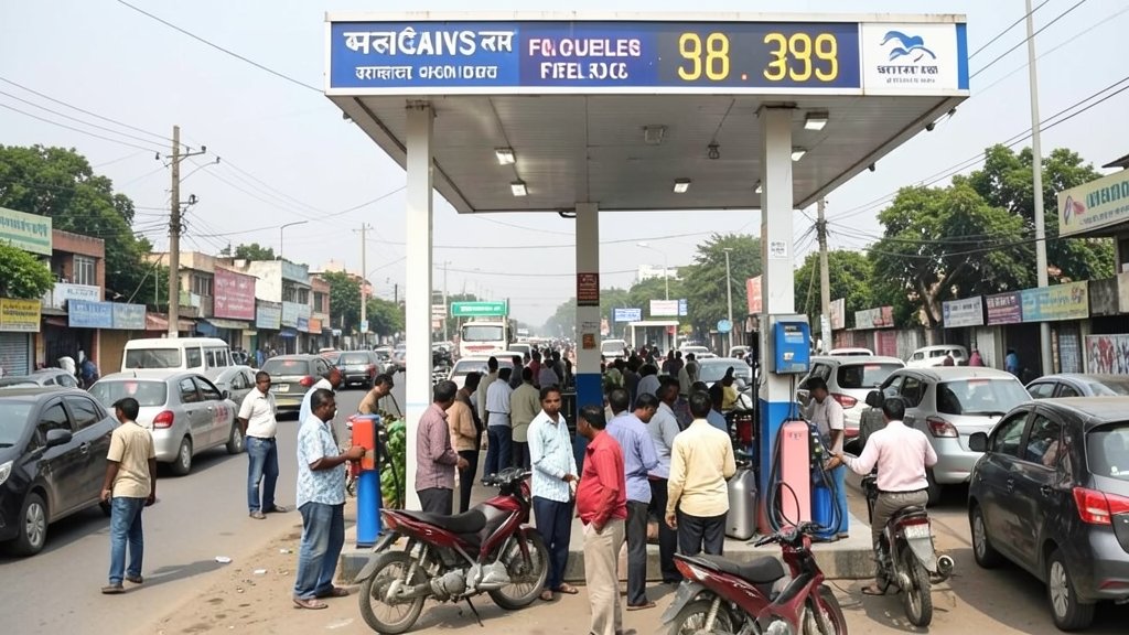 A photo of a petrol pump in India with a sign showing the current fuel prices, and a crowd of people filling up their vehicles in the background.