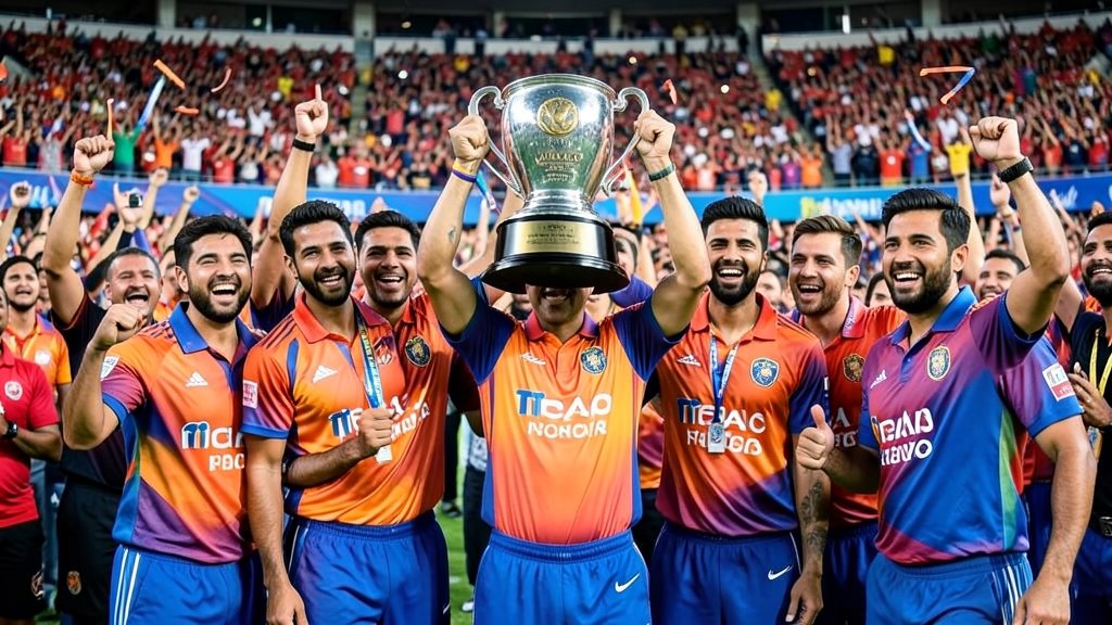 A photo of the Indian cricket team celebrating their T20 World Cup 2026 win with the trophy, in a crowded stadium with fans cheering in the background
