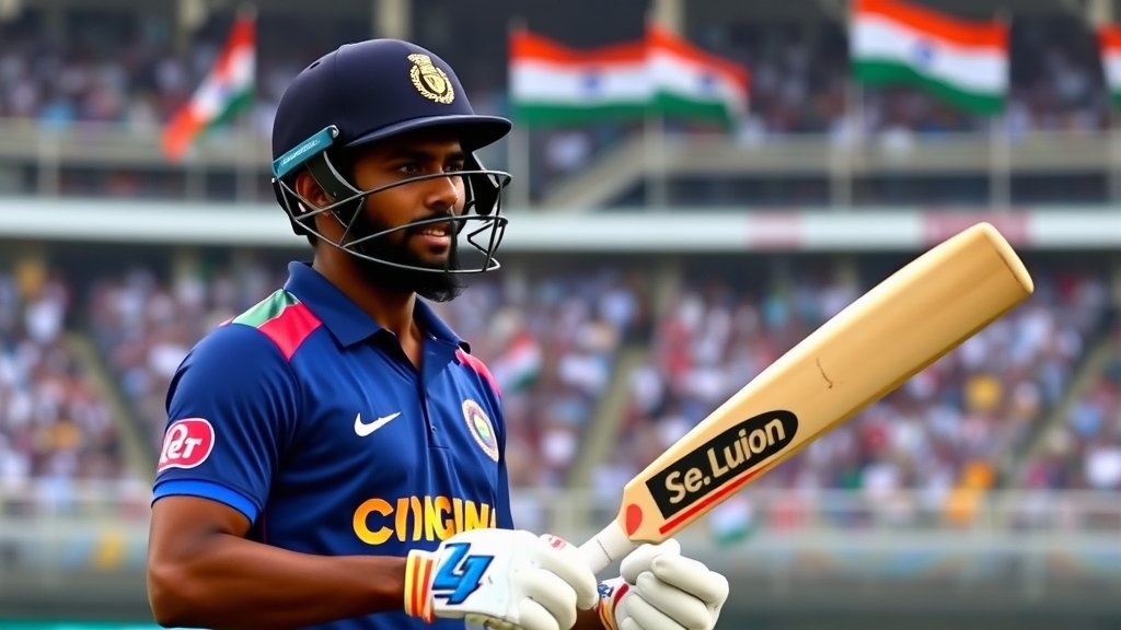 A photo of Sanju Samson in action on a cricket field, with a determined look on his face and a bat in his hand, set against a backdrop of a packed stadium with Indian flags waving.
