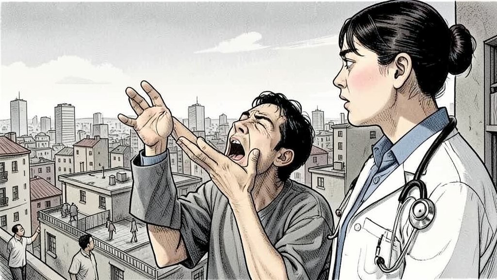 A detailed illustration of a person struggling to breathe, with a cityscape in the background representing social inequalities, and a doctor or nurse in the foreground representing medical care.