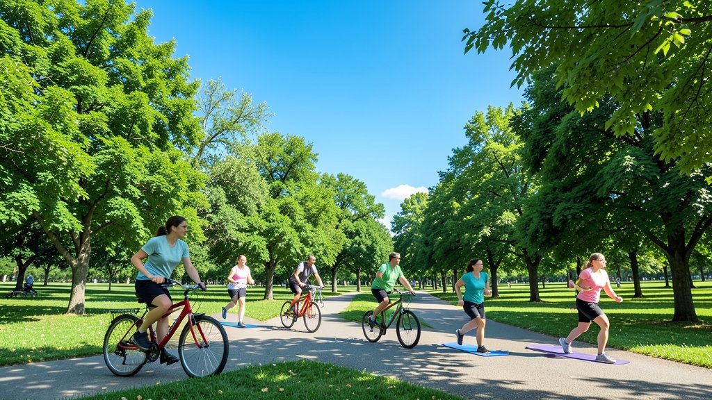 A serene image of people engaging in outdoor physical activities like cycling, jogging, or yoga in a park with lush greenery and a clear blue sky, symbolizing the connection between physical health and environmental well-being.