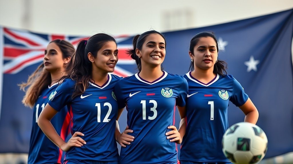 A photograph of Iranian female football players in Australia, with a subtle background of the Australian flag and a football, conveying a sense of hope and freedom.