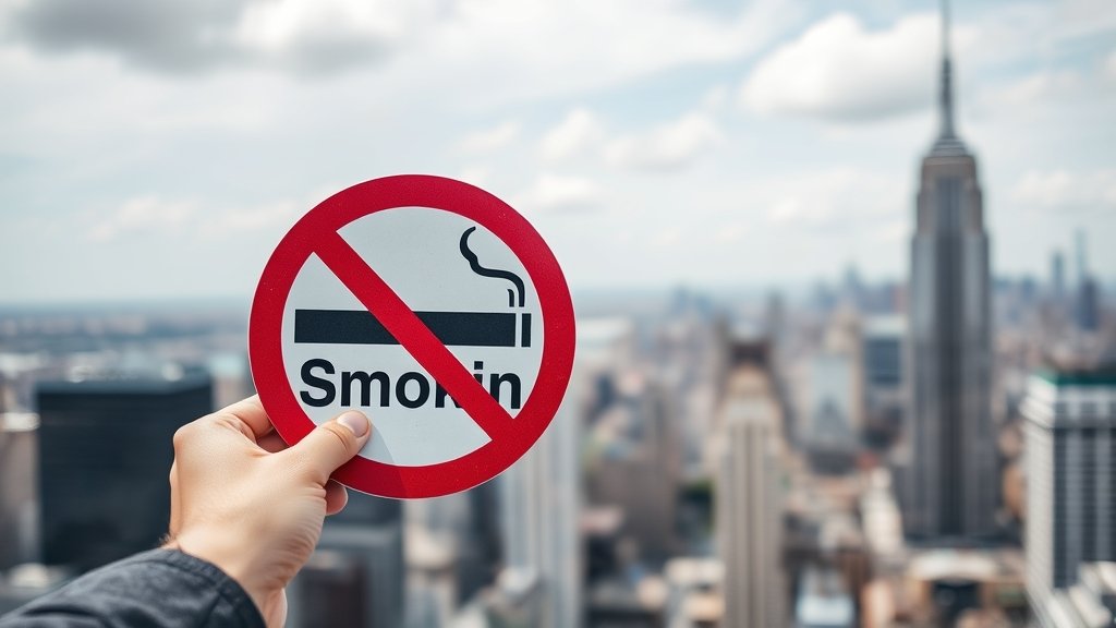 A picture of a person holding a "No Smoking" sign with a cityscape in the background, symbolizing the fight against tobacco and smoking.