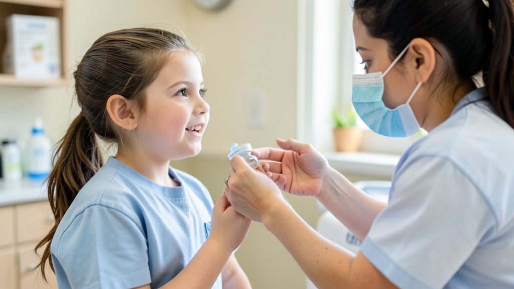A photo of a young girl receiving the HPV vaccine from a healthcare professional, with a subtle background of a hospital or clinic, conveying a sense of safety and protection.