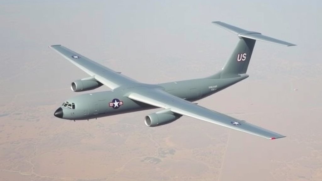 A photo of a US military refueling aircraft in flight, with a subtle background hint of a desert landscape, symbolizing the Middle East region.