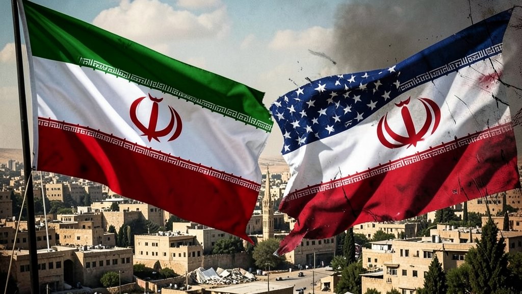 A dramatic illustration of the Iranian and American flags with a backdrop of a cityscape in the Middle East, symbolizing the ongoing conflict and tensions between the two nations