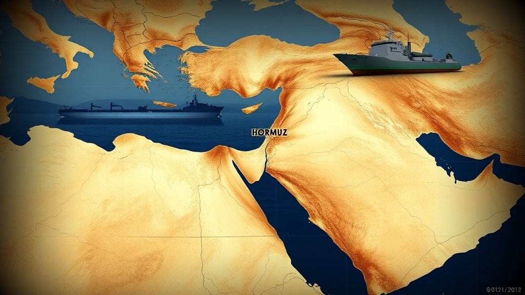 A map of the Middle East with the Strait of Hormuz highlighted, with a subtle background image of an oil tanker or a naval ship, symbolizing the geopolitical importance of the region.