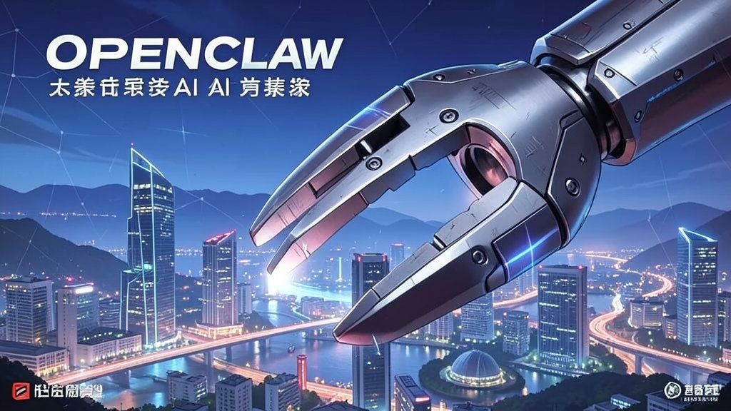 A futuristic illustration of a robotic claw opening, with a Chinese cityscape in the background, symbolizing the emergence of OpenClaw in China's AI landscape