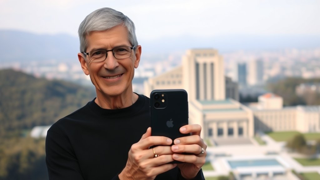 A photo of Tim Cook holding an iPhone with a background of Apple's headquarters, with a subtle hint of the company's 50-year journey