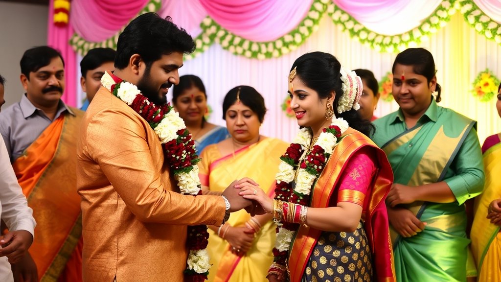 A photo of Allu Sirish and Nayanika Reddy exchanging wedding vows, surrounded by their friends and family, with a traditional Indian wedding backdrop.