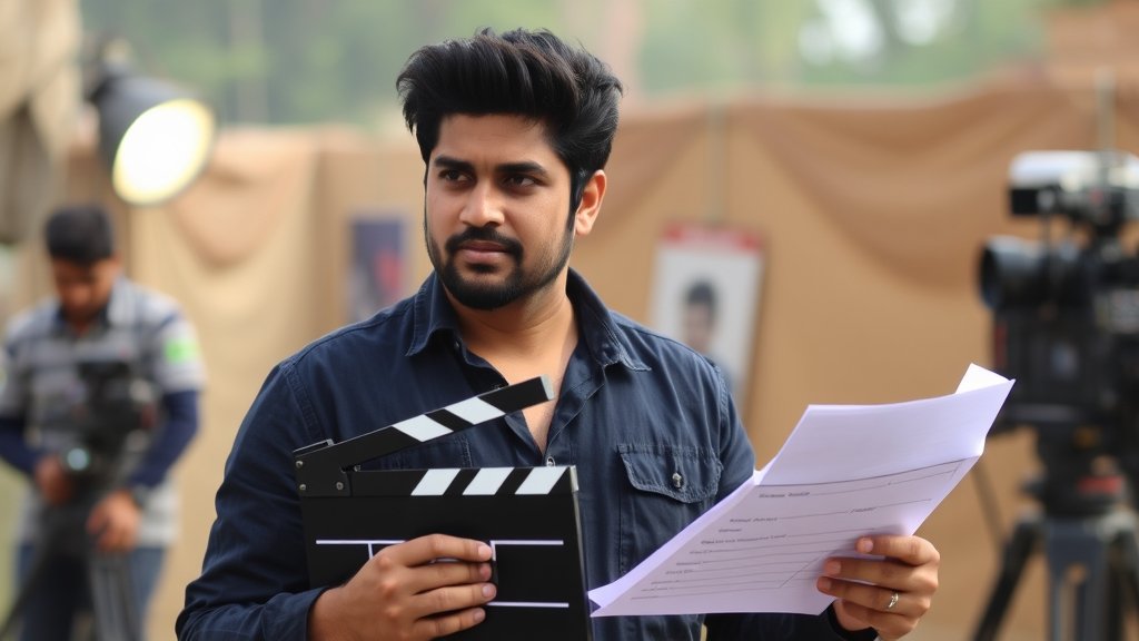 A photo of Aditya Dhar on the set of one of his films, with a clapboard and a script in hand, looking focused and creative.