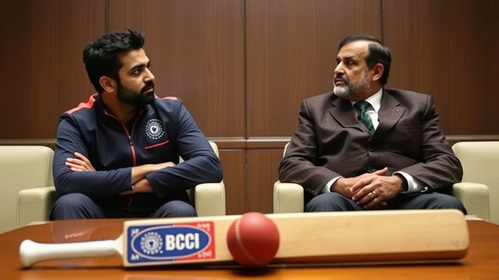 A photo of Gautam Gambhir and a former BCCI selector sitting in a meeting room, looking away from each other, with a cricket bat and ball in the foreground, symbolizing the rift between them.