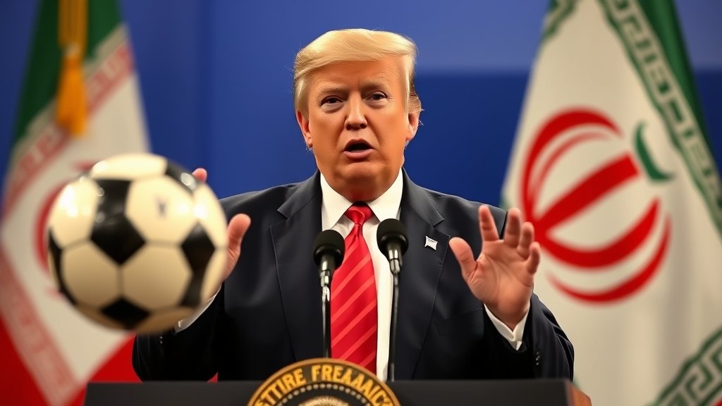 A photo of Donald Trump speaking at a press conference with a soccer ball and an Iranian flag in the background, with a subtle hint of tension and uncertainty in the atmosphere.