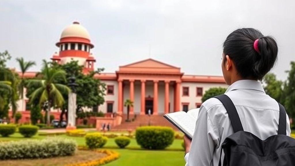 A picture of a Supreme Court building in India with a book or a student in the foreground, symbolizing the intersection of law and education.