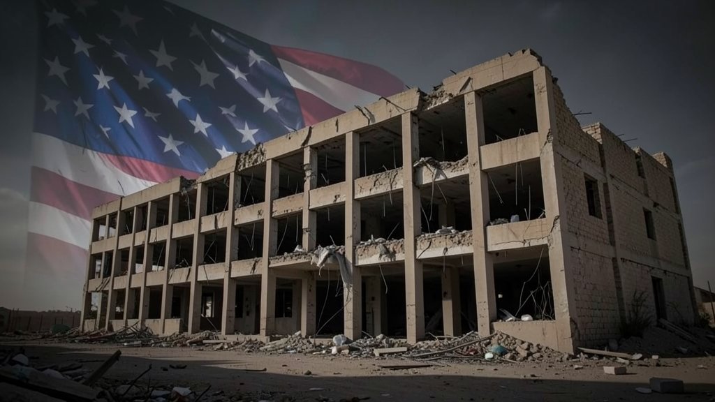 A dramatic image of a damaged school building in the Middle East with a subtle hint of a US flag in the background, symbolizing the Pentagon's involvement in the investigation.