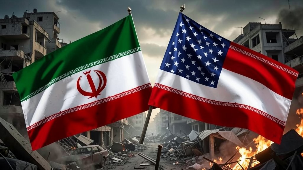A dramatic illustration of an Iranian and American flag with a backdrop of a war-torn city, conveying the escalating tensions between the two nations