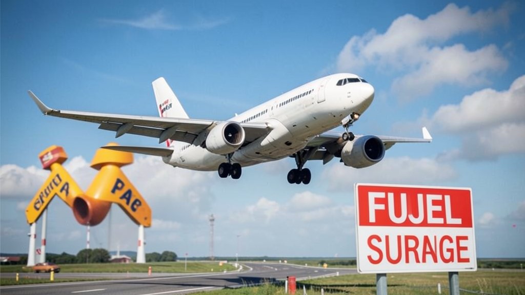 An image of an airplane taking off with a background of rising oil prices and a fuel surcharge sign