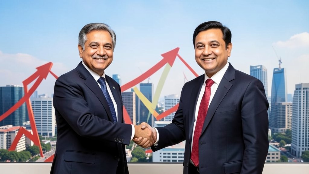 A picture of a handshake between Indian and Chinese business leaders with a backdrop of a cityscape representing economic growth and cooperation.