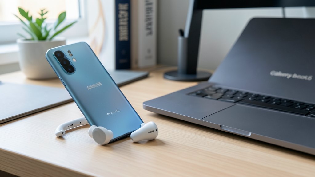 A high-quality image of the Samsung Galaxy S26 Ultra smartphone with Galaxy Buds4 earbuds and Galaxy Book6 laptop in a modern workspace setting
