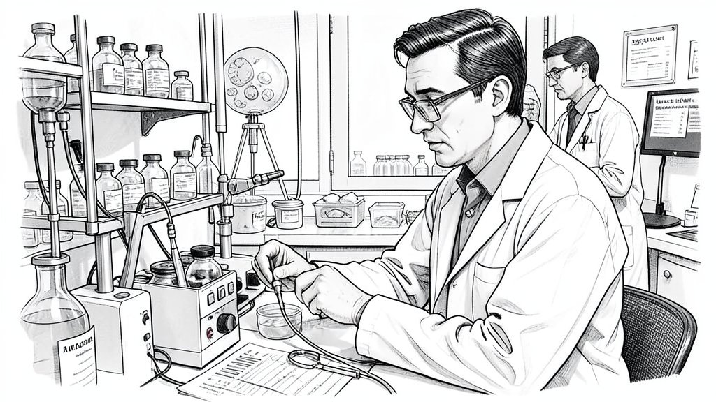 a detailed illustration of a scientist studying the subclade K variant in a laboratory setting, with a background of flu vaccine vials and medical equipment